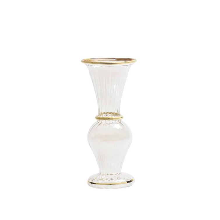Handmade Clear Glass Trumpet Bud Vase with Gold Accents