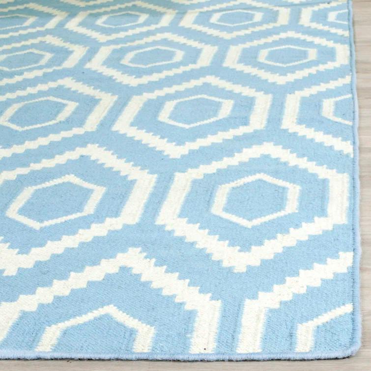 Dhurries Hand Woven Flat Weave Wool/Cotton Geometric Rug in Ivory/Blue