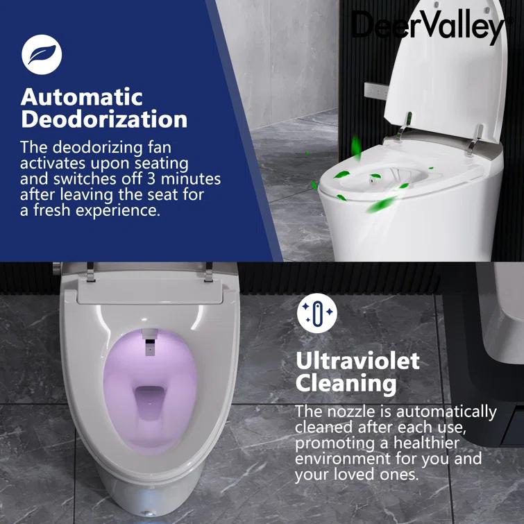DeerValley DV-1S0150-V3 Smart Bidet Toilet Elongated, Auto Open/Close Lid, Seat Heat, Foot Kick & Blackout Flush, Premium
