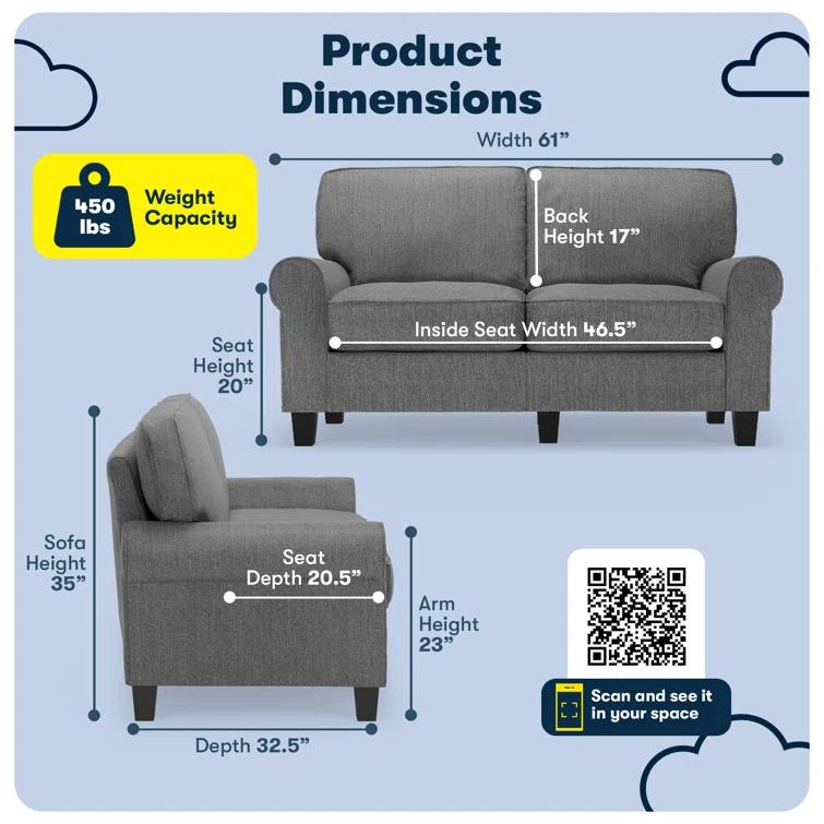 Serta Copenhagen 61" Rolled Arm Sofa, Easy Care Fabric, Soft Pillow Back, Pocket Coil Seat Cushions