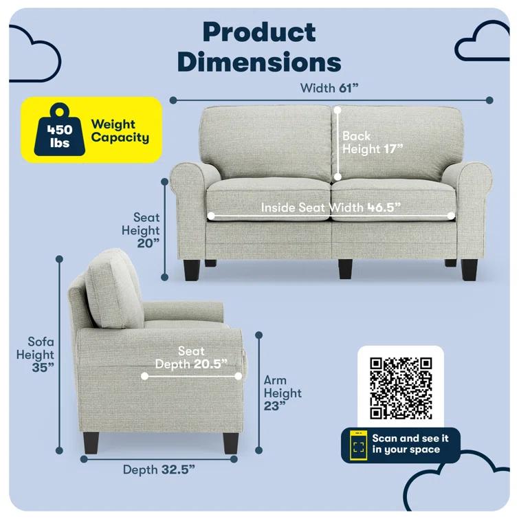 Serta Copenhagen 61" Rolled Arm Sofa, Easy Care Fabric, Soft Pillow Back, Pocket Coil Seat Cushions