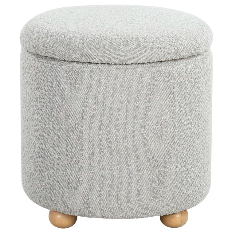 Becka Round Gray Boucle Storage Ottoman with Wood Legs