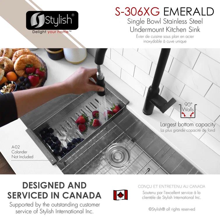 Styluxe Stylish Emeral Undermount 28" Single-Bowl Stainless Steel 16G Kitchen Sink