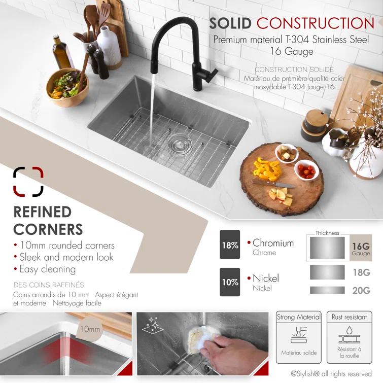 Styluxe Stylish Emeral Undermount 28" Single-Bowl Stainless Steel 16G Kitchen Sink