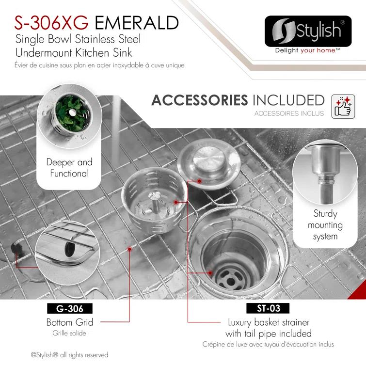 Styluxe Stylish Emeral Undermount 28" Single-Bowl Stainless Steel 16G Kitchen Sink