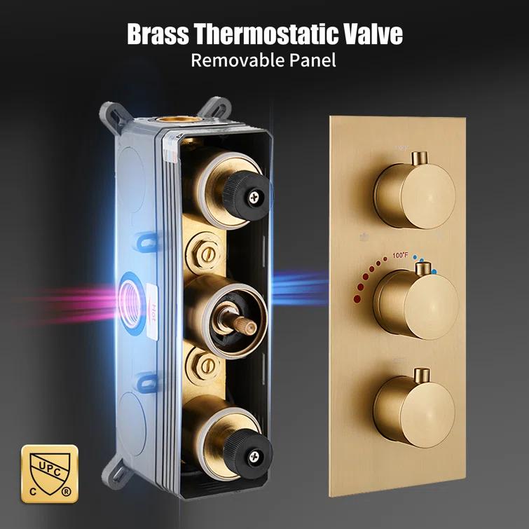 3 Functions Wall Mount Thermostatic Complete Shower System with 6 Body Jets, Rough-in Valve