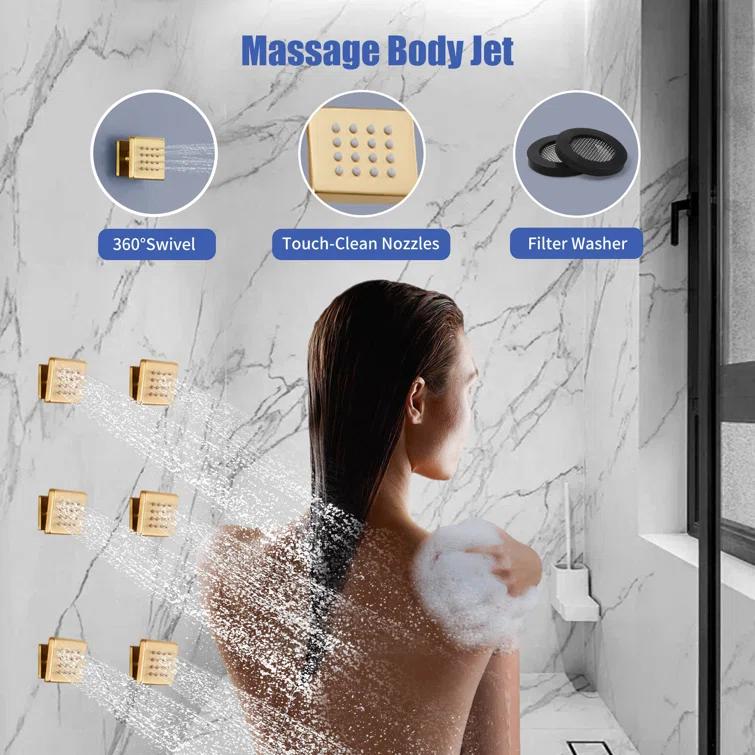 3 Functions Wall Mount Thermostatic Complete Shower System with 6 Body Jets, Rough-in Valve