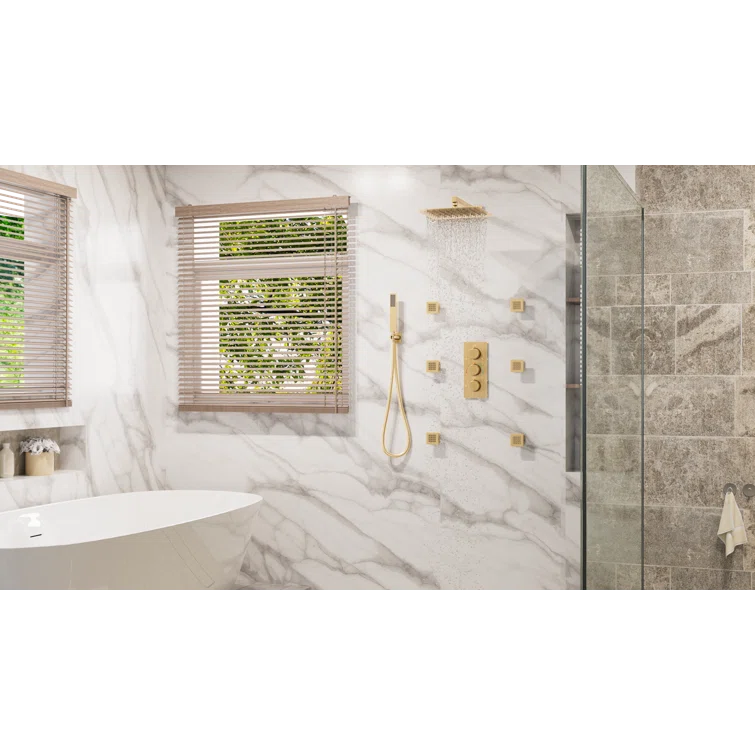 3 Functions Wall Mount Thermostatic Complete Shower System with 6 Body Jets, Rough-in Valve