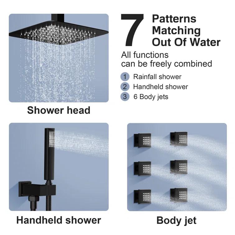3-Function LED Light Thermostatic Rainfall Shower System with 6 Body Jets and Rough-in Valve