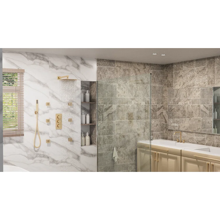 3 Functions Wall Mount Thermostatic Complete Shower System with 6 Body Jets, Rough-in Valve