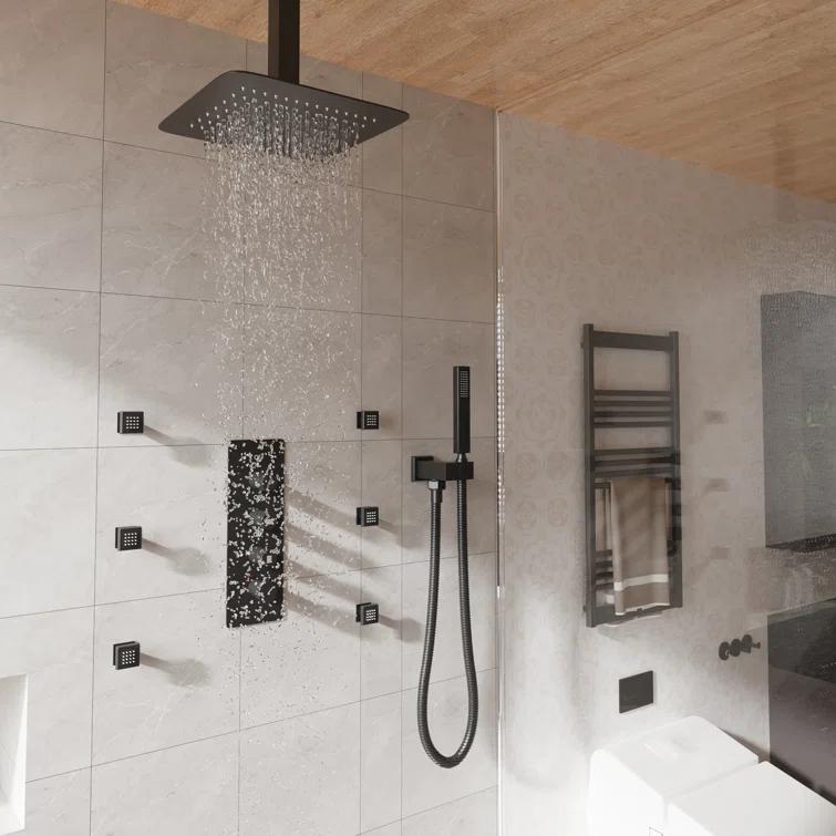 3-Function LED Light Thermostatic Rainfall Shower System with 6 Body Jets and Rough-in Valve