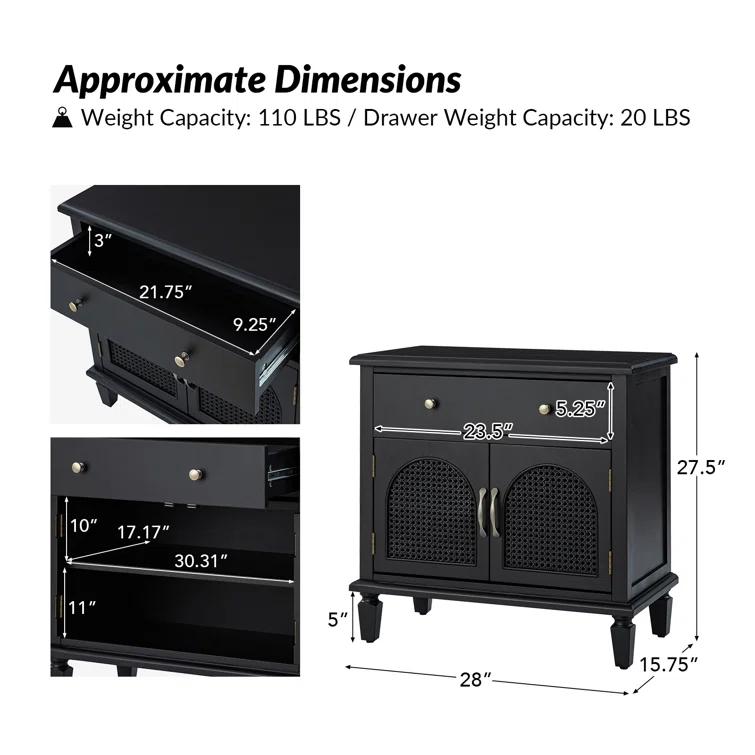 Dyals Traditional 27"Tall Nightstand Design Rattan Cabinet Doors with Built-in Power Outlet and Adjustable Shelf
