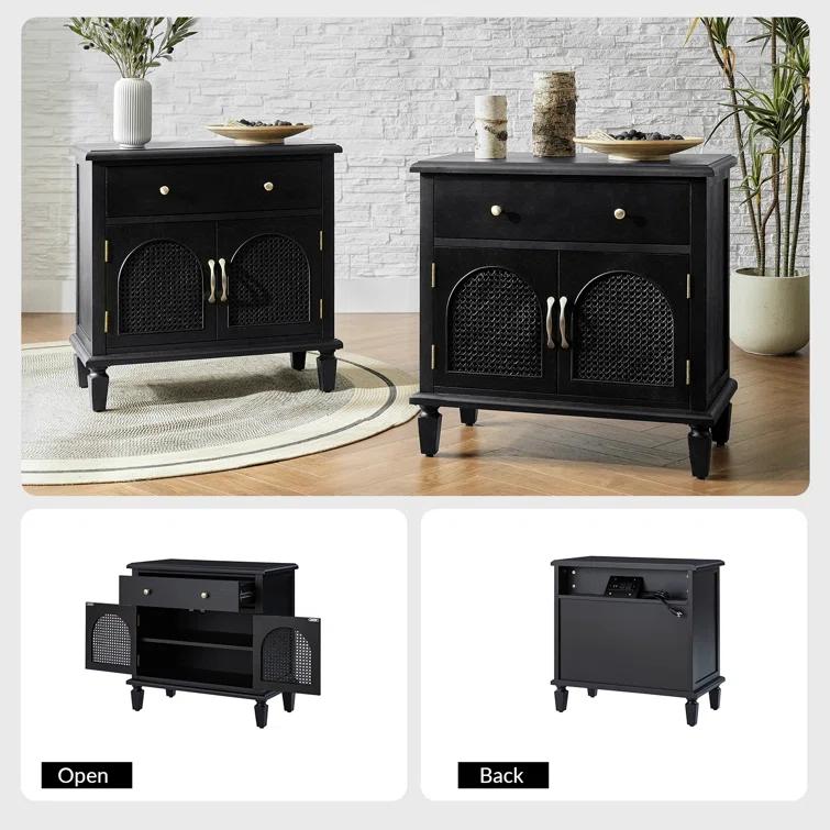 Dyals Traditional 27"Tall Nightstand Design Rattan Cabinet Doors with Built-in Power Outlet and Adjustable Shelf