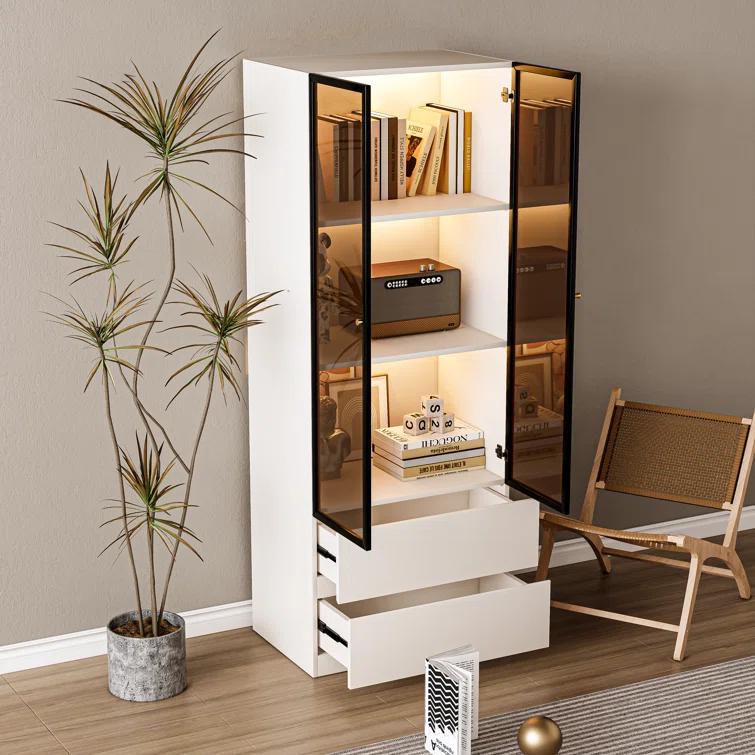 23.6'' China Cabinet Lighted Dining Cabinet Display Cabinet With Glass Doors and Drawers and Wireless LED Light