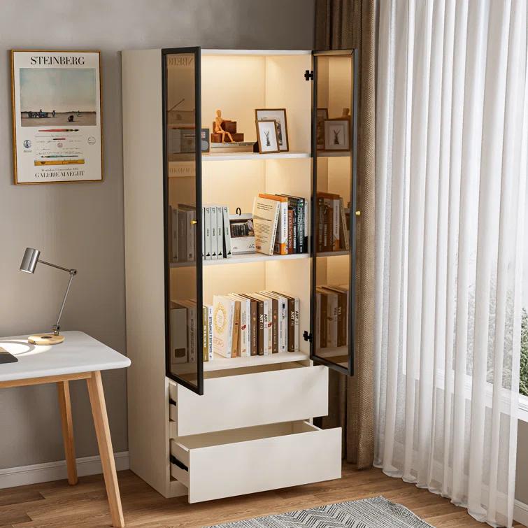 23.6'' China Cabinet Lighted Dining Cabinet Display Cabinet With Glass Doors and Drawers and Wireless LED Light