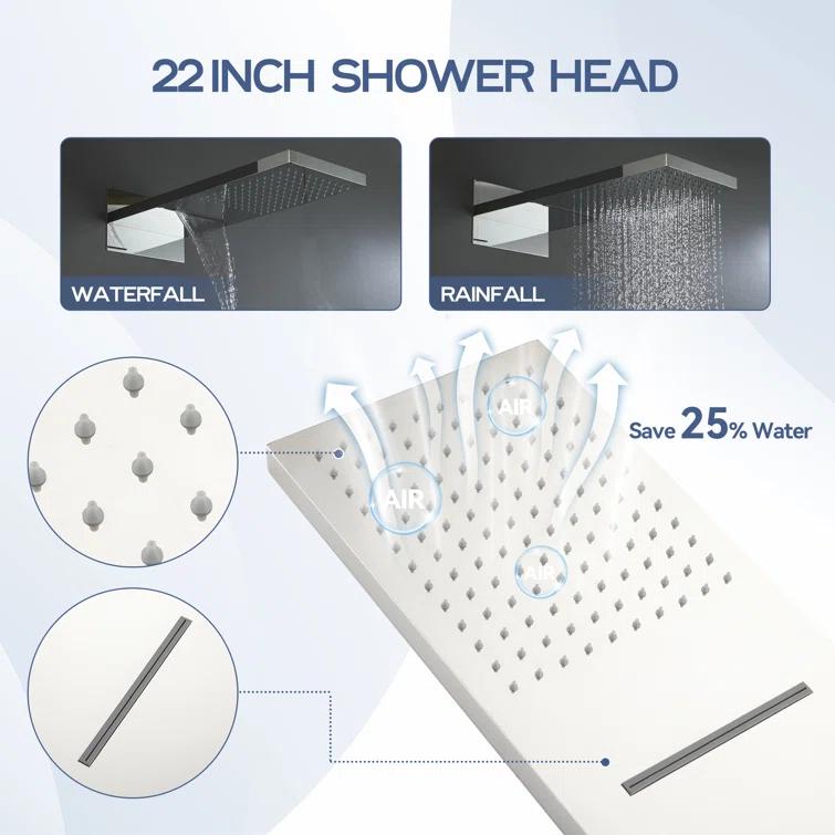 Rainier 22" Rainfall Complete Shower System with with Rainfall & Waterfall Spray, Handheld and Rough-in Valve Included