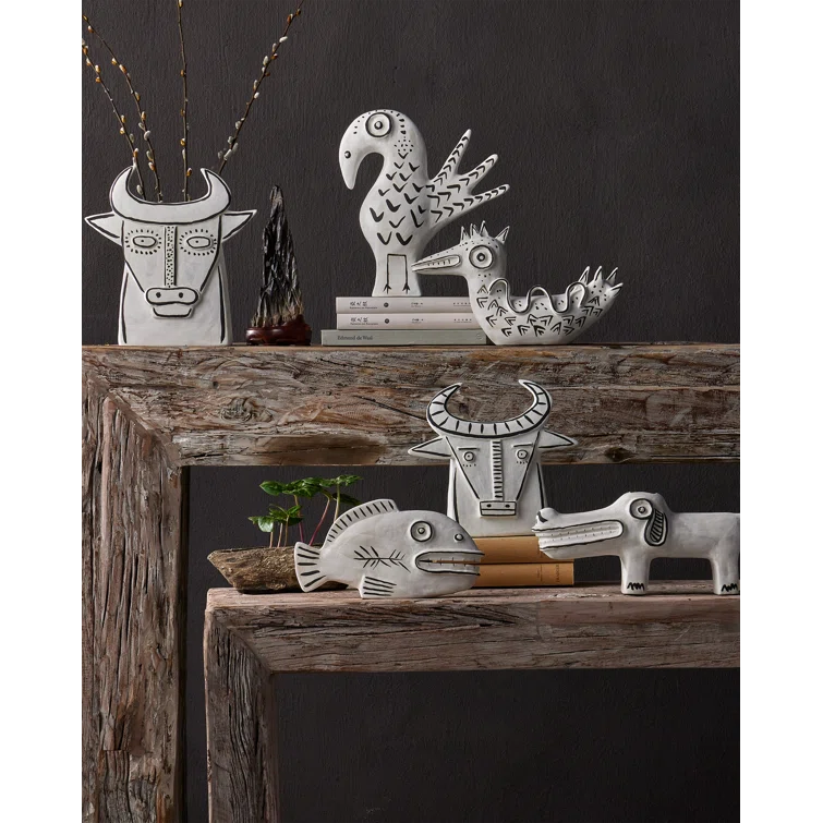 White Porcelain Bull Sculpture with Black Details