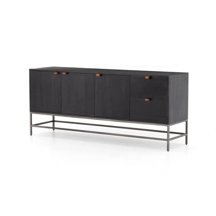 Auburn Poplar Wood 72" Sideboard with Leather Pulls and Iron Base