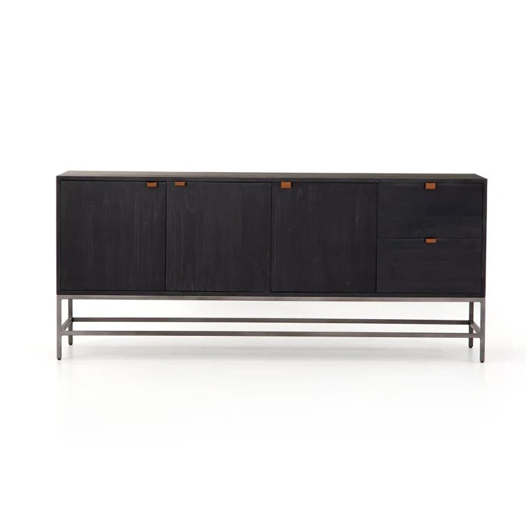 Auburn Poplar Wood 72" Sideboard with Leather Pulls and Iron Base