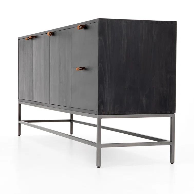 Auburn Poplar Wood 72" Sideboard with Leather Pulls and Iron Base
