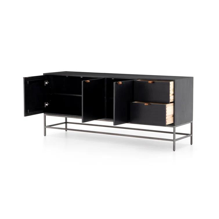 Auburn Poplar Wood 72" Sideboard with Leather Pulls and Iron Base