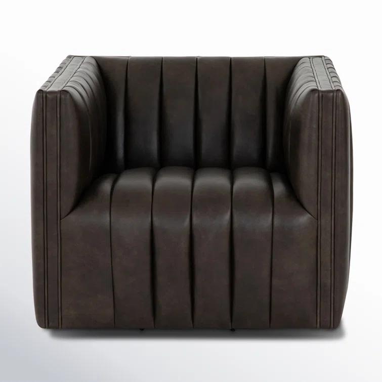 Deacon Wolf Genuine Leather 32" Modern Swivel Chair in Black