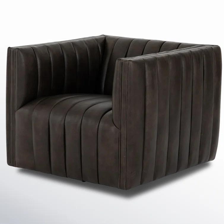 Deacon Wolf Genuine Leather 32" Modern Swivel Chair in Black
