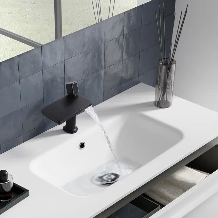 RBROHANT JK0372 7.75" Brass Waterfall Bathroom Sink Faucet, Vanity Single Handle One Hole Basin Modern Lavatory Faucet