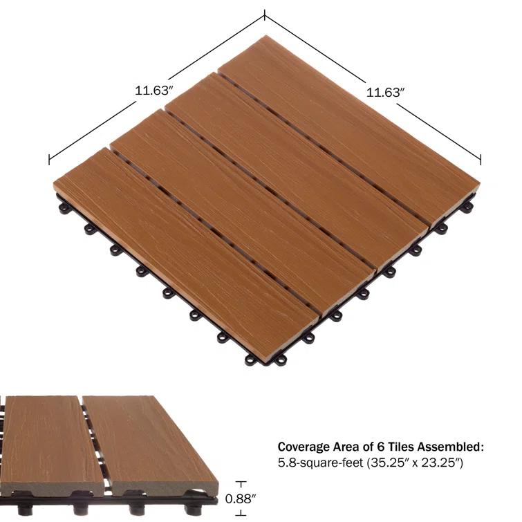 Deck Tiles - 6-Pack Wood Plastic Composite Interlocking Patio Tiles - 5.8SQFT Outdoor Flooring for Balcony, Porch, and Garage by Pure Garden