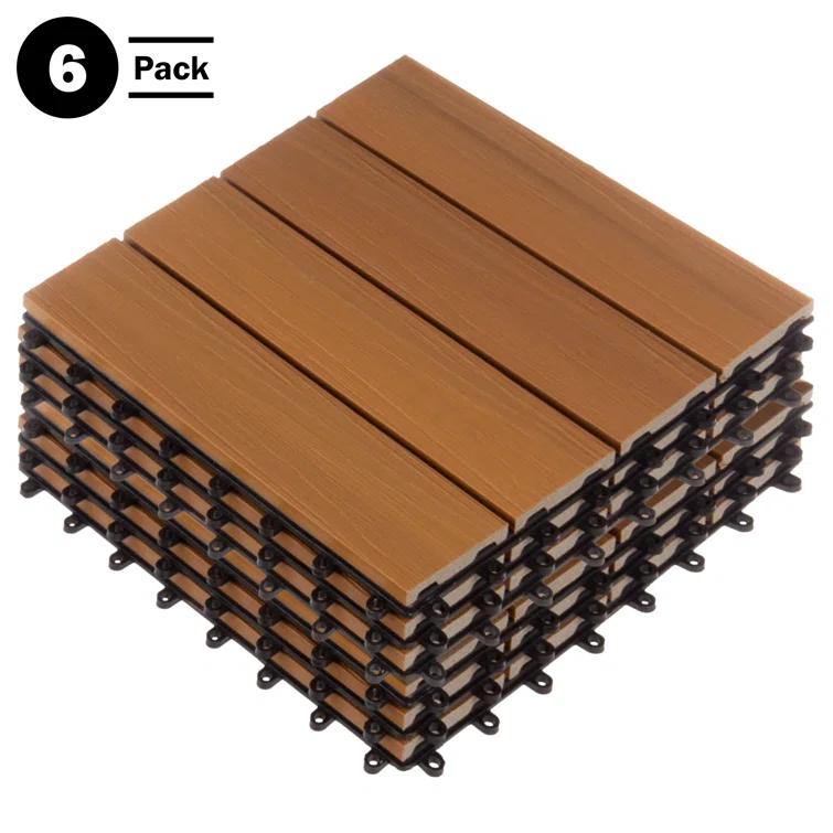 Deck Tiles - 6-Pack Wood Plastic Composite Interlocking Patio Tiles - 5.8SQFT Outdoor Flooring for Balcony, Porch, and Garage by Pure Garden