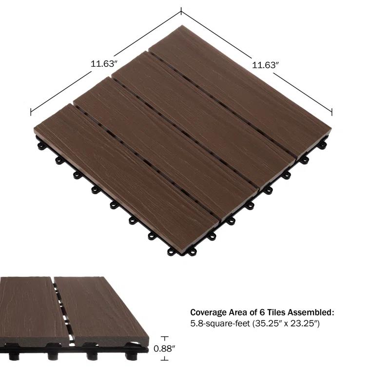 Deck Tiles - 6-Pack Wood Plastic Composite Interlocking Patio Tiles - 5.8SQFT Outdoor Flooring for Balcony, Porch, and Garage by Pure Garden