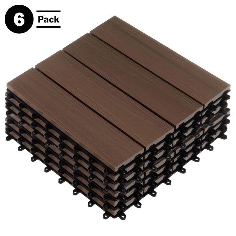 Deck Tiles - 6-Pack Wood Plastic Composite Interlocking Patio Tiles - 5.8SQFT Outdoor Flooring for Balcony, Porch, and Garage by Pure Garden