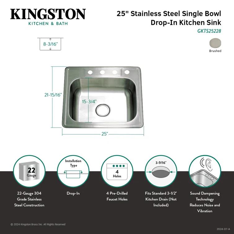 Kingston Brass GKTS25228 Kingston Brass Studio 25-Inch Stainless Steel Self-Rimming 4-Hole Single Bowl Drop-In Kitchen Sink