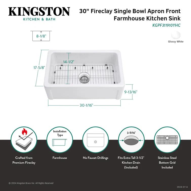 Kingston Brass Kaolin 30-Inch Fireclay Farmhouse Kitchen Sink