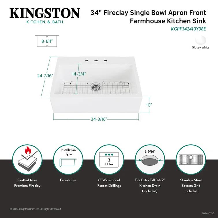 Kingston Brass Kaolin 34-Inch Fireclay Farmhouse Kitchen Sink
