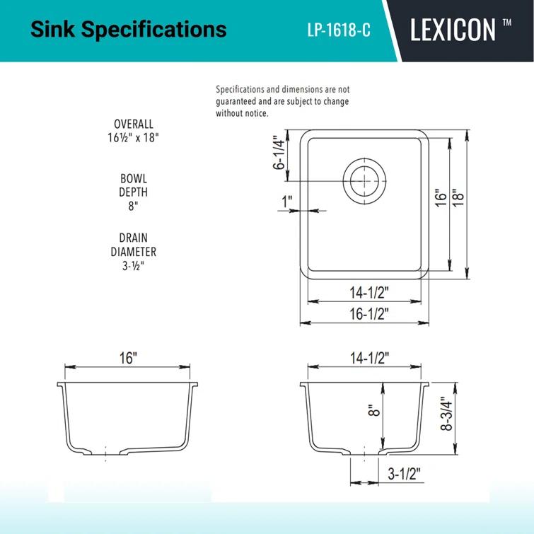 Lexicon Quartz 16" x 18" Quartz Kitchen Sink, Single Bowl Sink, Drop-in Sink, Undermount Sink, Granite Kitchen Sink, with Steel Grids and Basket Strainer LP-1618-C