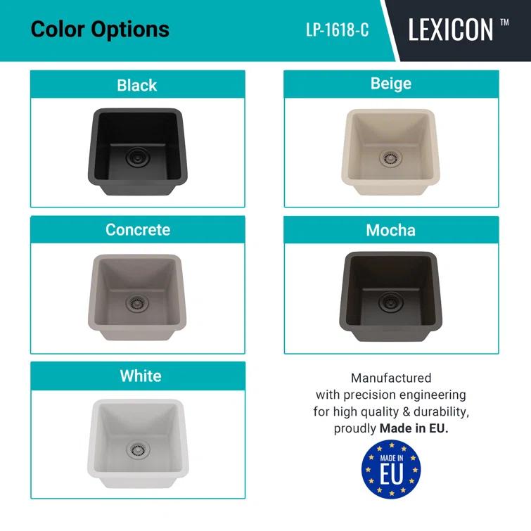 Lexicon Quartz 16" x 18" Quartz Kitchen Sink, Single Bowl Sink, Drop-in Sink, Undermount Sink, Granite Kitchen Sink, with Steel Grids and Basket Strainer LP-1618-C