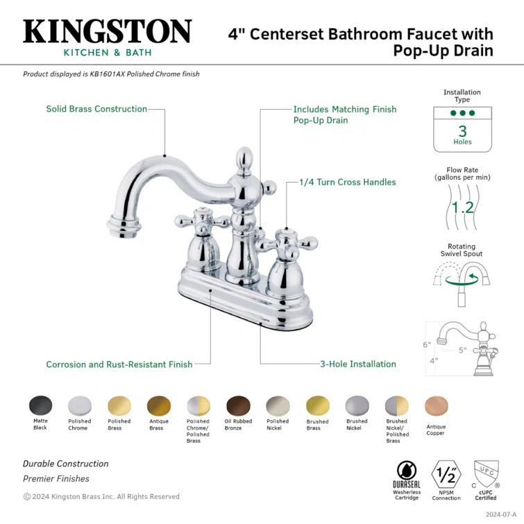 Kingston Brass Heritage Two-Handle 3-Hole Deck Mount 4" Centerset Bathroom Faucet with Plastic Pop-Up
