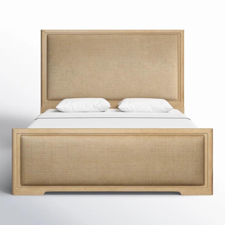 Beige King Wood Frame Panel Bed with Upholstered Headboard