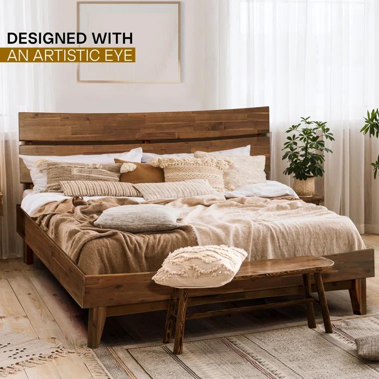 Acacia Aurora Premium Solid Wood Platform Bed Frame and High Headboard, King Bed Frame with Headboard Included, Mid Century Modern Bed with 5 years Warranty