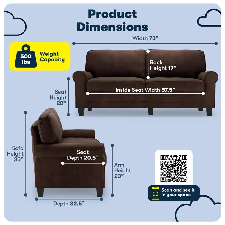 Serta Copenhagen 78" Rolled Arm Sofa, Easy Care Fabric, Soft Pillow Back, Pocket Coil Seat Cushions