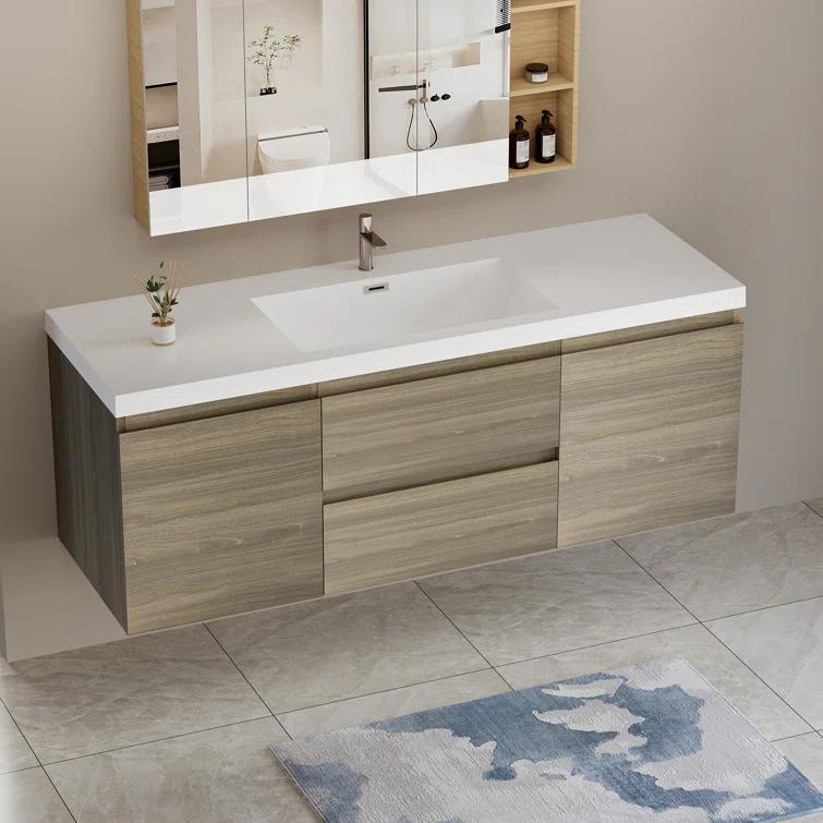 60" Floating Bathroom Vanity Modern Wall-Mounted Storage Vanity with Resin Top Basin, 2 Cabinets and 2 Soft Close Drawers