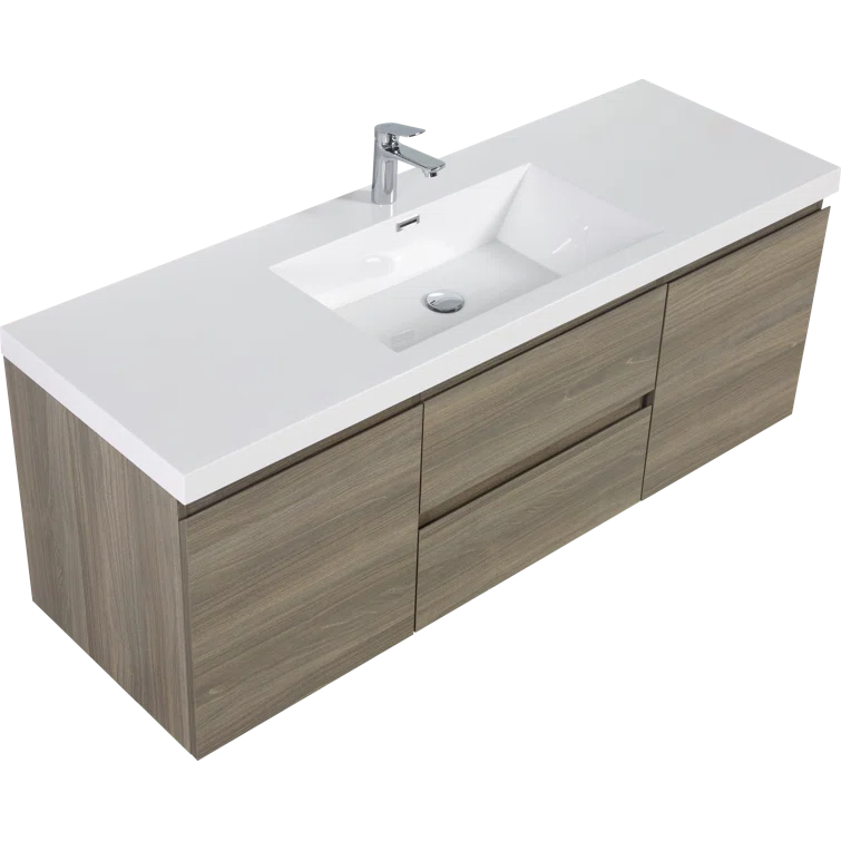 60" Floating Bathroom Vanity Modern Wall-Mounted Storage Vanity with Resin Top Basin, 2 Cabinets and 2 Soft Close Drawers