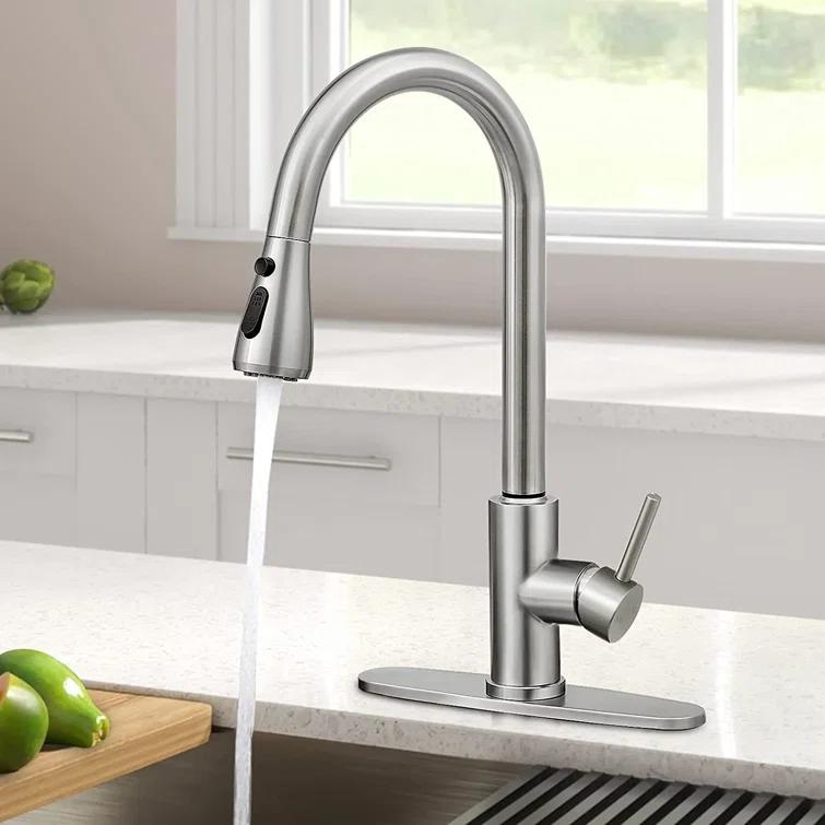 Brushed Nickel Kitchen Sink Faucet with Pull Down Sprayer Single Handle Single Hole Mixer Tap