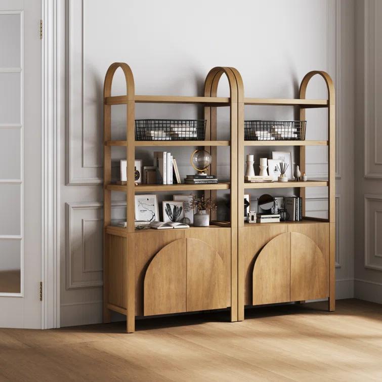 3 Tier Arched Bookshelf With Cabinet Base And Solid Wood Frame (2-Piece Set)