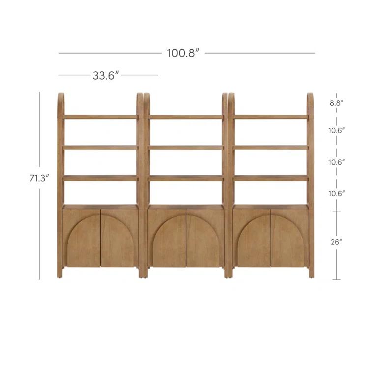 3 Tier Arched Bookshelf With Cabinet Base And Solid Wood Frame (3-Piece Set)