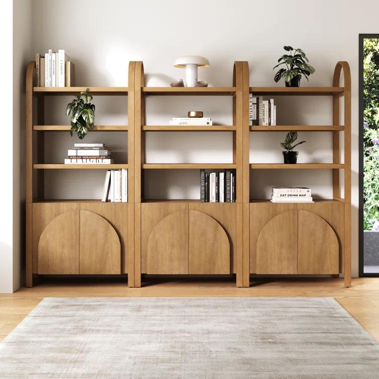 3 Tier Arched Bookshelf With Cabinet Base And Solid Wood Frame (3-Piece Set)