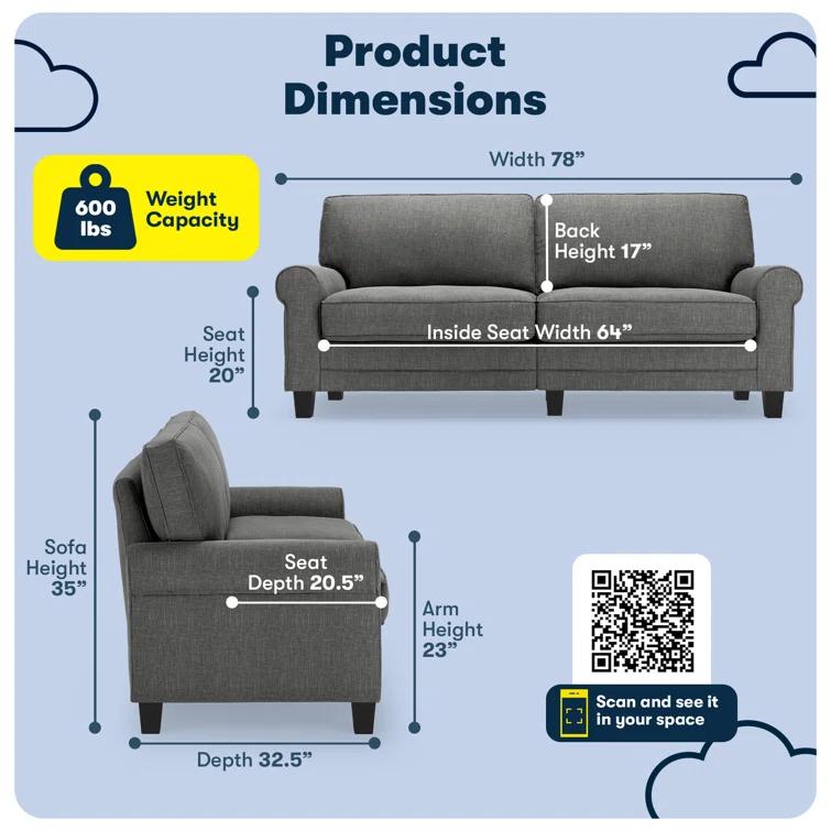 Serta Copenhagen 78" Rolled Arm Sofa, Easy Care Fabric, Soft Pillow Back, Pocket Coil Seat Cushions