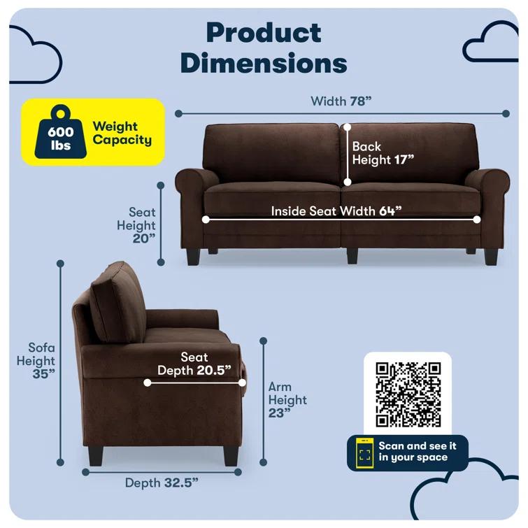 Serta Copenhagen 78" Rolled Arm Sofa, Easy Care Fabric, Soft Pillow Back, Pocket Coil Seat Cushions