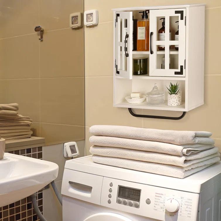 Wood Wall Storage Cabinet With Cross Glass Doors, Farmhouse Wall Mounted, 3 Tier Rustic Cabinet With Adjustable Shelves And Towel Bar For Bathroom, Living Room, Vintage White